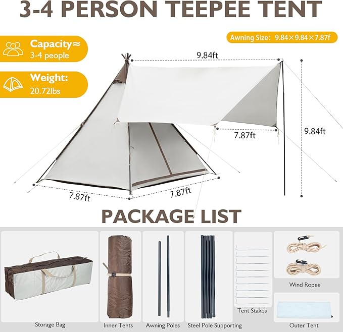 Waterproof 3-4 Person Camping Tent with Awning, Pyramid Teepee Tents for Family, 3 Season Anti-UV Weatherproof, Roomy Tipi Tent for Family Camping, Outdoor, Backpacking, Hiking