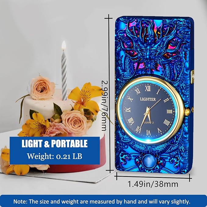 Cool Lighter with Clock Dial Electric Lighter with LED Power Display Plasma Lighter Windproof USB Rechargeable Lighter Gifts for Men Women(BlueDragon)