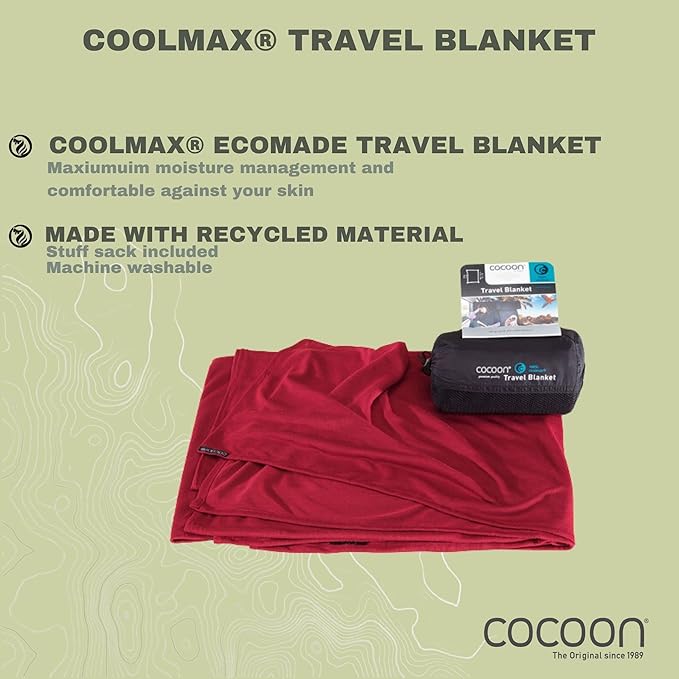 COCOON - Coolmax Travel Blanket | Compact Throw Blanket for Camping and Hiking | Fits in Backpack | Attaches to Luggage | Travel Essential | Fast Drying (Regular 70" x 55")
