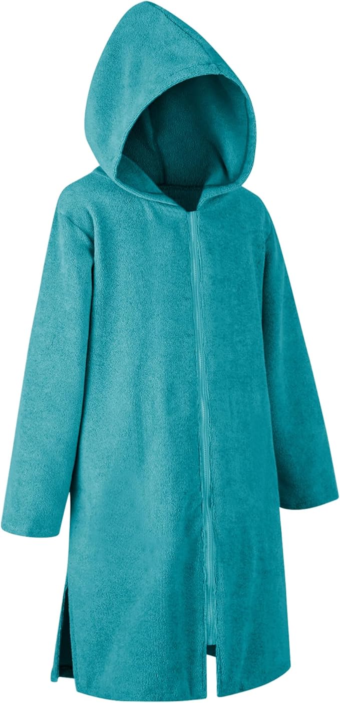 Weecreeture Hooded Towel Poncho with Zipper and Pocket, Surf Poncho for Men and Women, Beach Bath Changing Robe Cover Up Deep Lagoon L