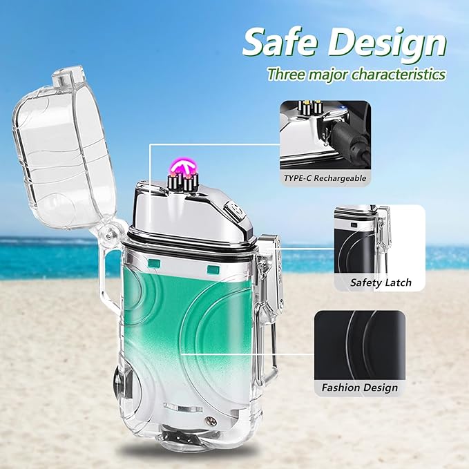 SKRFIRE Electric Lighter Transparent Waterproof Lighter Dual Arc Lighter with LED Flashlight,Windproof Lighter Rechargeable USB Lighter Flameless Plasma Lighter for Camping Hiking (ClearCyanWhite)