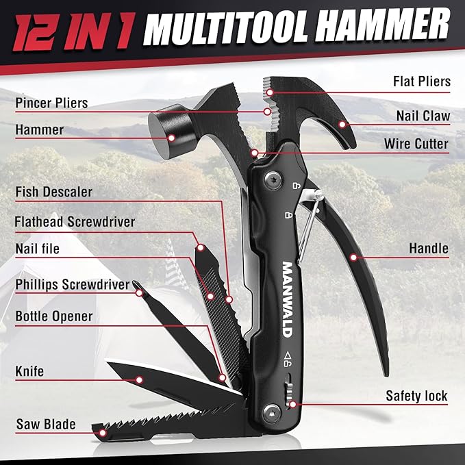 Gifts for Men, 12 in 1 Multitool Hammer, Stocking Stuffers for Men, Camping Accessories Survival Gear, Fathers Day Dad Gifts for Men, Birthday Gifts for Him
