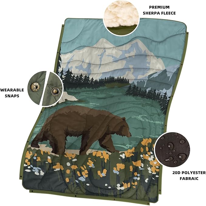 Outdoor Camping Blanket with Sherpa Lining, Extra Warm Thick Camp Blankets & Puffy Ultralight Soft Poncho DWR Camping Quilt for Cold Weather, Adventure,Sleeping,Backpacking 56"x 40"