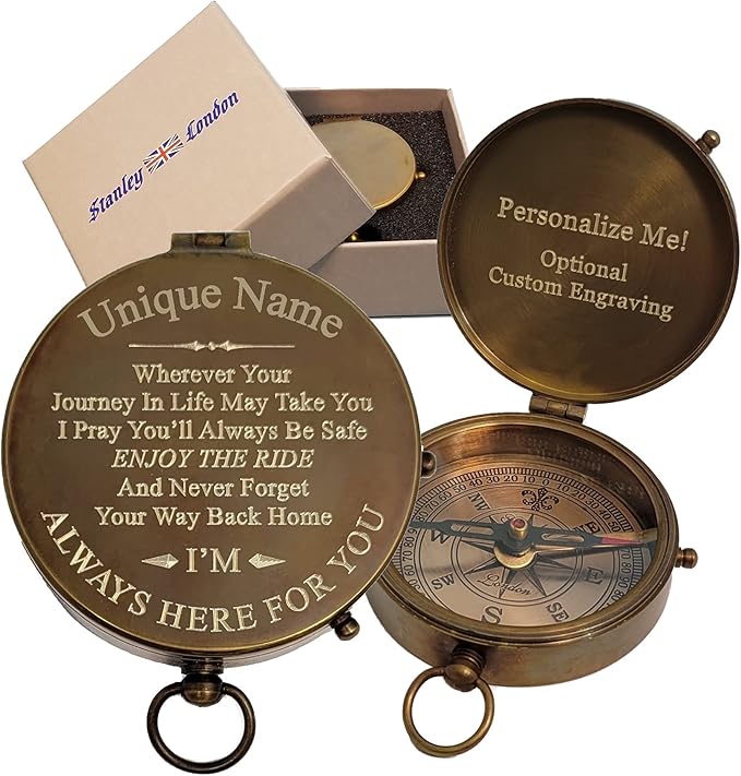 Stanley London Engraved Compass Personalized | Brass Pocket Compass Gifts for Men, Him, Son, Husband, Grandson, Boys | Engravable Antique Gift Compasses for Graduation, Baptism, Confirmation