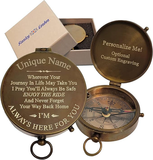 Stanley London Engraved Compass Personalized | Brass Pocket Compass Gifts for Men, Him, Son, Husband, Grandson, Boys | Engravable Antique Gift Compasses for Graduation, Baptism, Confirmation