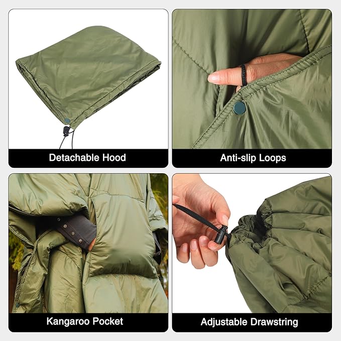 REDCAMP Wearable Camping Blanket Lightweight, Multifunctional Warm Travel Quilt Waterproof, Compact Wearable Poncho with Detachable Hood for Camping, Hiking (Army Green)