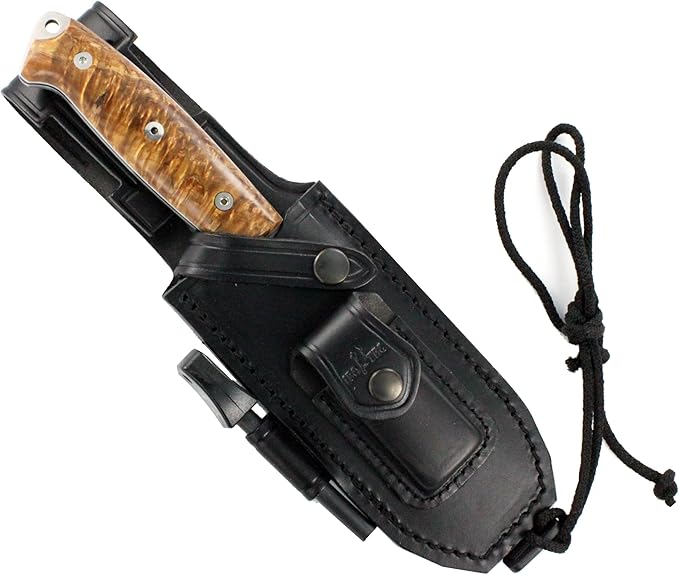 JEO-TEC Nº1 Bushcraft Survival Full Tang Fixed Blade Outdoor Camping Utility Hunting Knife In Leather Sheath Horizontal Vertical Carry Sheath | BÖHLER N690C Steel Fire Starter Scraper