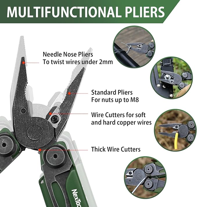 NexTool Flagship Pro, Multi Tool, Multitool Pliers with Folding Scissors, Replaceable Wire Cutters and Safety Locking, Multi Tool Pocket Knife, Survival Tools with Glass Breaker, Gifts for Men-Green