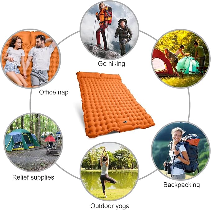 Double Sleeping Pad for Camping 4" Extra-Thick Camping Mat for 2 Person with Pillow Built-in Foot Pump, Ultralight Portable Inflatable Sleeping Mat for Backpacking Hiking Traveling(Orange)