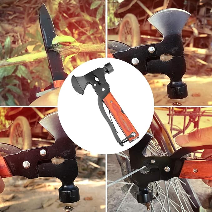 Camping Accessories Multitool, Wood Handle Multi-Tool Hatchet Hammer,Stocking Stuffers for Men Gifts,Guy Gifts, Cool and Unique Christmas Gifts for Boyfriend Husband Grandpa for Hiking Hunting DIY