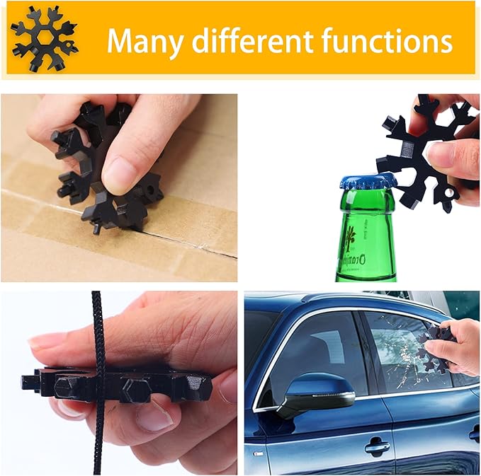 Snowflake Multitool, 1 Pieces 18-in-1 Stainless Steel Snowflake Standard Multitool, Snowflake Tool with Key Ring, Carabiner Clip and Gift Bag (Black)