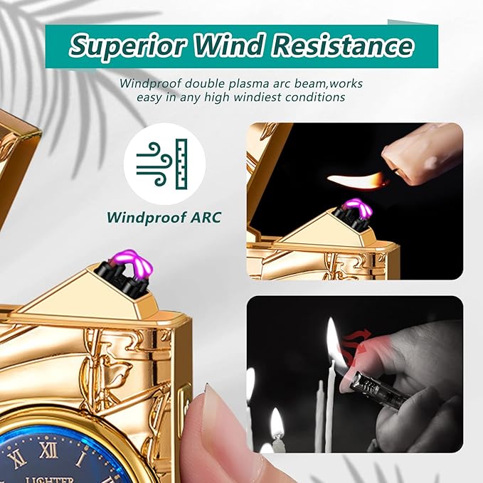 Electronic Lighter Electric lighters Rechargeable Flameless Windproof Plasma Lighter with Battery Indicator Cool lighters for Candle Candles, Fireworks, Camping, Hiking, Adventure(Gold)
