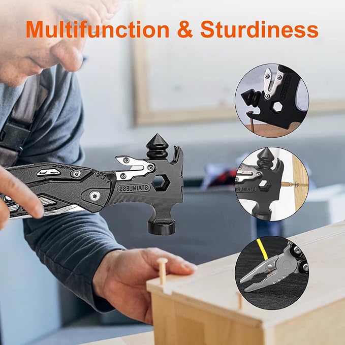 Hammer Multitool: 16 In 1 Multi Tool Hammer Camping Gear - Gifts for Men Boyfriend Husband Father, Cool Gadgets, Small Hammer with Screwdriver Bits Set for Camping Outdoor Home DIY Use