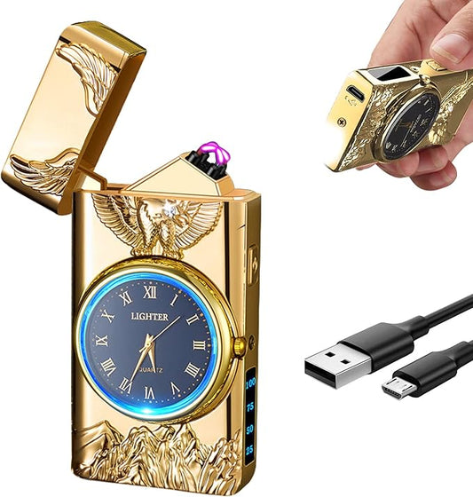 Cool Lighter with Clock Dial Electric Lighter with LED Power Display Plasma Lighter Windproof USB Rechargeable Lighter Gifts for Men Women (Eagle-Gold)