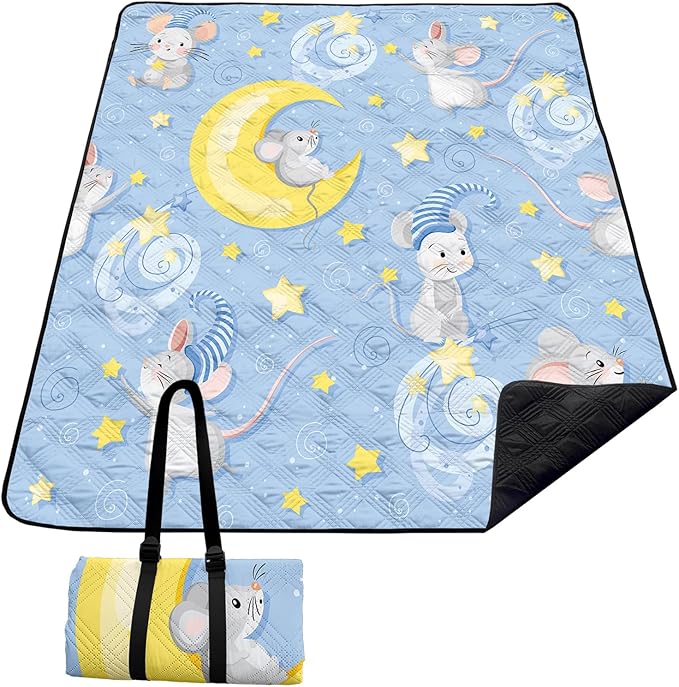 BSNTHO Cute Mouse Outdoor Picnic Blankets Sleeping Stars Waterproof Picnic Blankets 60x80 Inches Large Sandproof Beach Blanket Foldable Outdoor Blanket for Camping on Grass Picnic Mat
