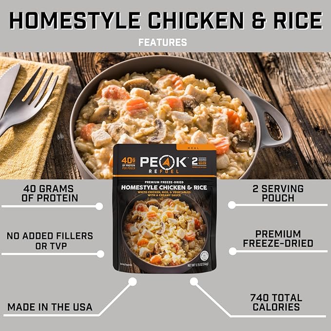 Peak Refuel Homestyle Chicken & Rice | Premium Freeze Dried Camping Food | Backpacking & Hiking MRE Meals | Just Add Water | 100% Real Meat | 40g of Protein | 2 Serving Pouch
