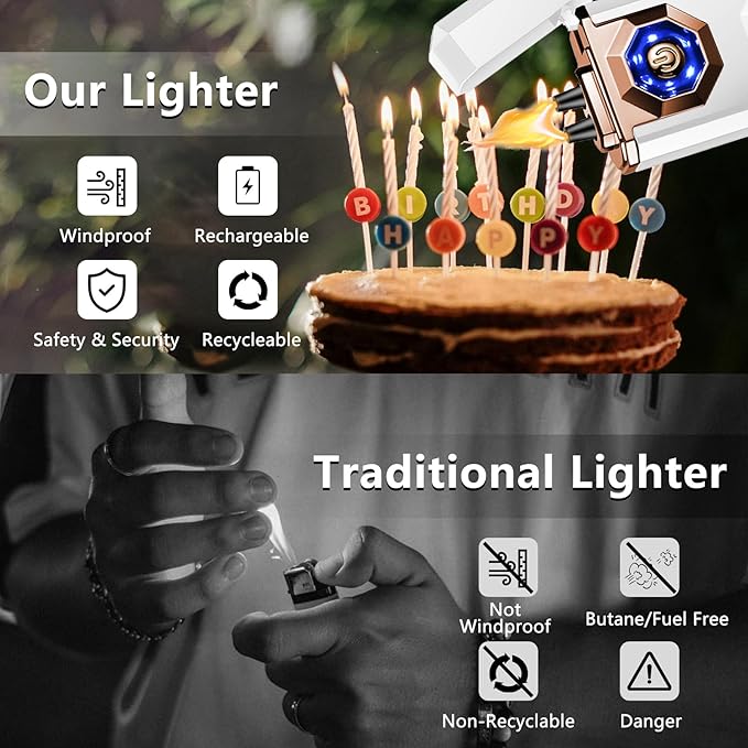 SKRFIRE Electric Lighter Rechargeable USB C Arc Plasma Lighter High Power Flame Cool Lighter Windproof Electronic Candle Lighter with LED Flashlight for Candle, Firework, Incense (Black)