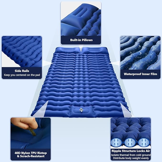 Double Camping Sleeping Pad with Built-in Foot Pump and Pillows Thick Inflatable 2 Person Portable Camping Mat for Hiking Backpacking Tent