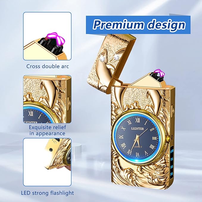 Electric Lighters Rechargeable USB Windproof Flameless Plasma Arc lighters with Clock dial Luxury Vintage Fancy Cool lighters for Candle Gift for Man (Gold)
