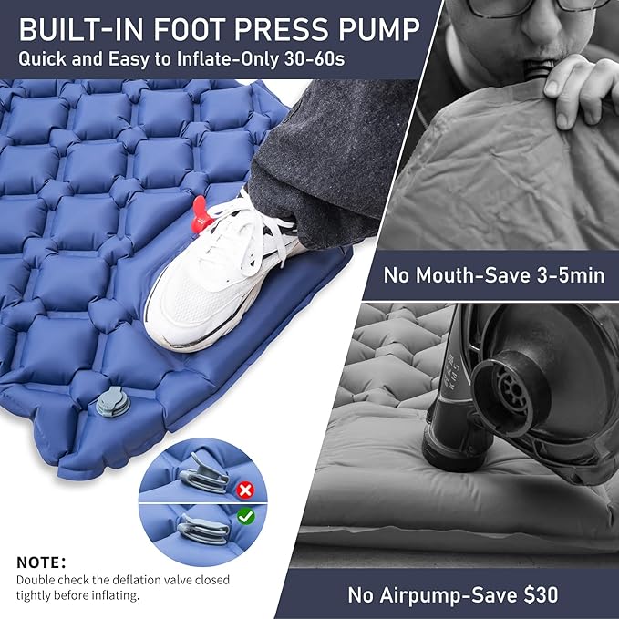 Camping Sleeping Pad, Ultra Light Camping Pad with Pillow Built-in Foot Pump Inflatable Sleeping Pad Compact and Lightweight Air Mat (Blue)