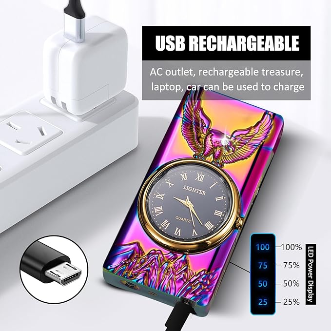 Cool Lighter with Clock Dial Electric Lighter with LED Power Display Plasma Lighter Windproof USB Rechargeable Lighter Gifts for Men Women (Eagle-Magic)