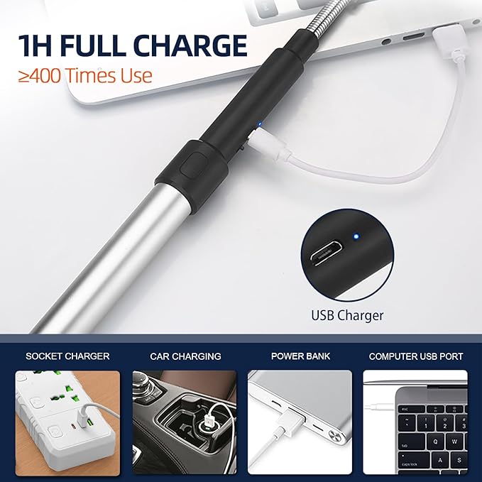 Candle Lighter Electric Lighter, USB Electric Lighters Rechargeable Flexible Neck Long Lighters with LED Display, Telescopic Pole Arc Lighters for Candle, Tabletop Fire Pit, Camping