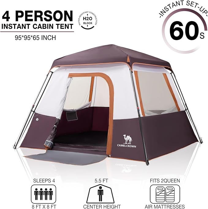 CAMEL CROWN Cabin Tent with 1-Minute Setup, 4/6 Person Instant Tent with Weatherproof Floor