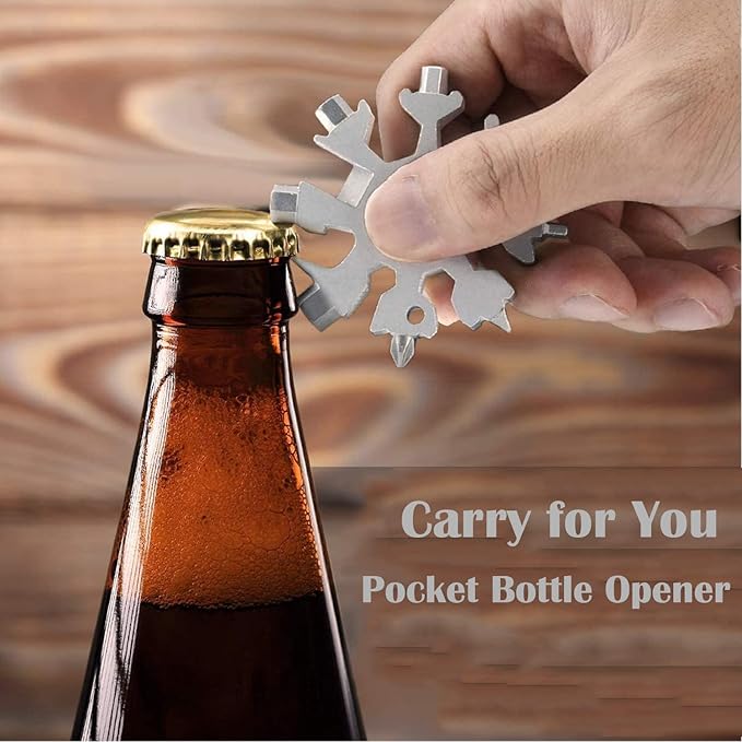 Snowflake Multi-Tool - 19-in-1 Stainless Steel Snowflake Tool with Keychain, Screwdriver, Bottle Opener, Compact and Portable for Outdoor Adventure and Daily Use