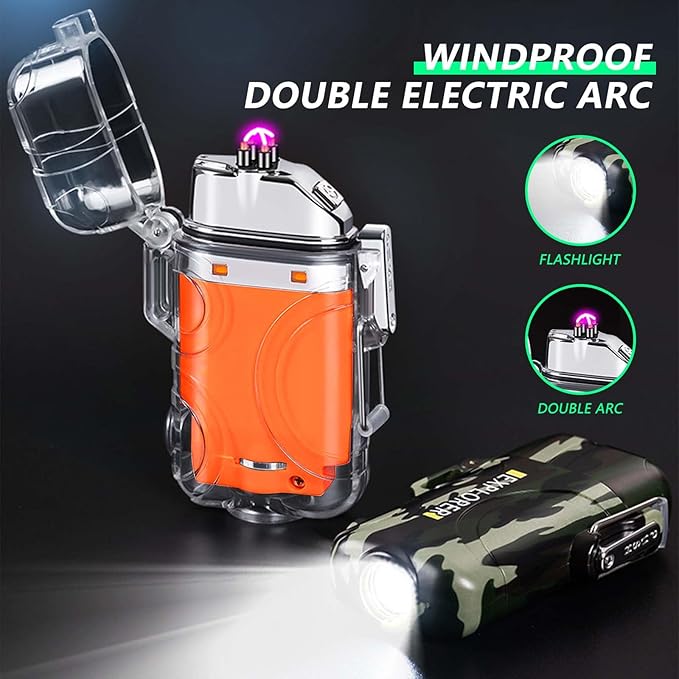 BABOBIU Electric Lighter Rechargeable USB Lighter Windproof Waterproof Portable Camping Lighter with Type-C Fast Charging for Camping, Hiking, Adventure (Orange)