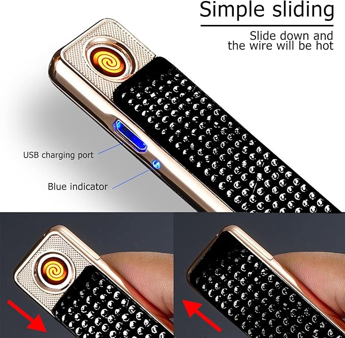 Rhinestone Lighter Electric Lighter Rechargeable Bling Glitter USB Lighter Flameless Girls Lighter for Women (Black)