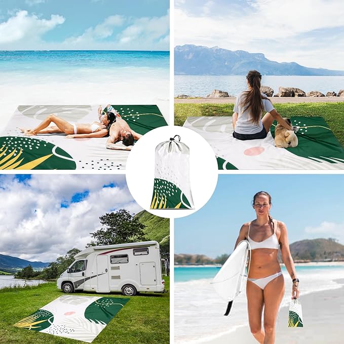 Beach Blanket Waterproof Sandproof Oversized, 110''×118'' Extra Large Beach Mat Sand Free, Lightweight Compact Folable Green Pinic Blanket w/ 4 Stakes & Pockets for Camping, Travel, Beach Accessories