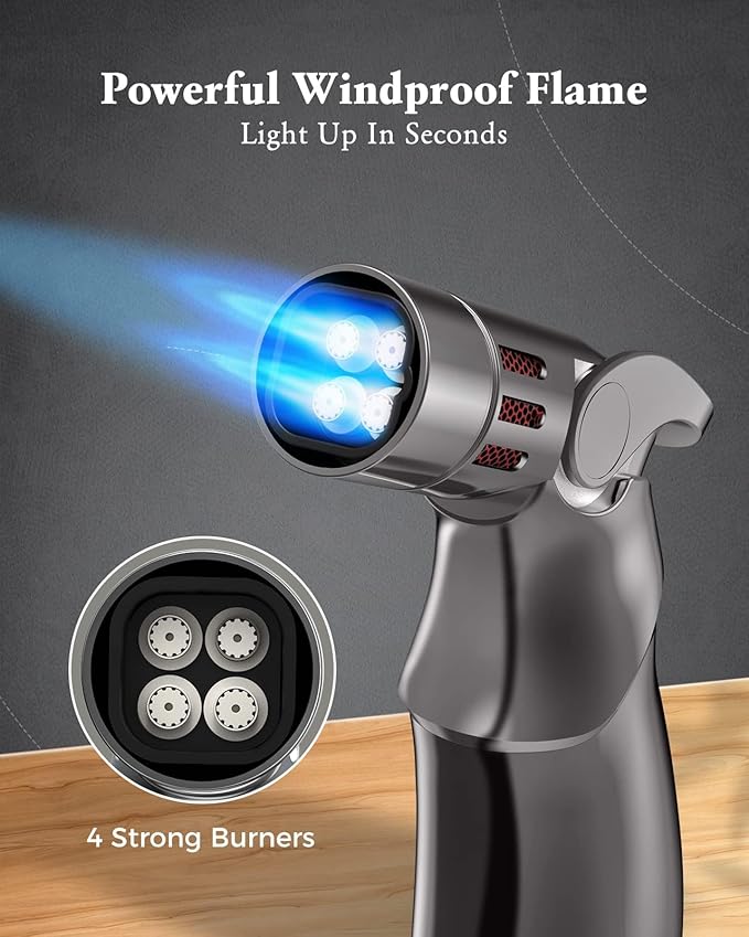 Torch Lighter, Adjustable 4 Jet Flame Refillable Butane Fuel Lighter Windproof Mini Butane Torch Lighter for Grill BBQ Gas Fireplace Fire Camping (Butane Gas Not Included) (Black)