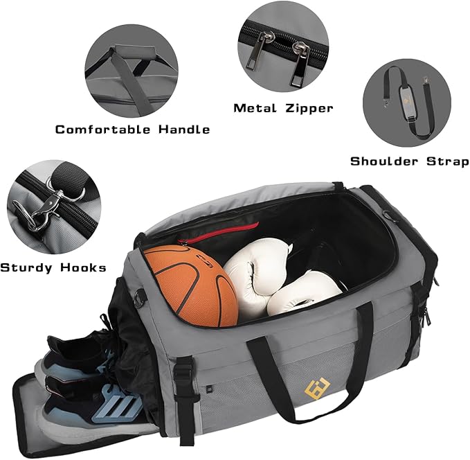 Eackrola Extra Large Sports Gym Bag, Travel Duffel bag with Wet Pocket & Shoes Compartment for men women, 85L, Lightweight (Light Gray)