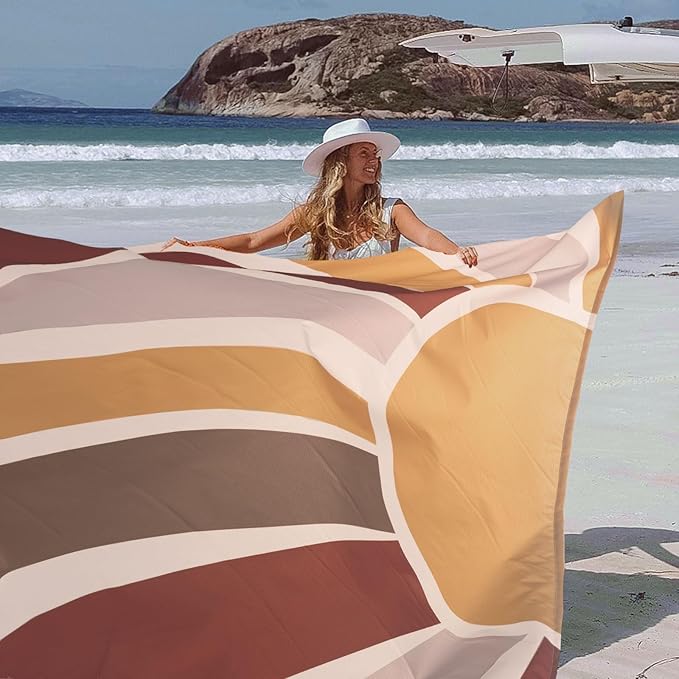 Extra Large Beach Blanket Waterproof Sandproof, Boho Starburst Beach Mat for 8 Adults w/Stakes and Sand Pocket, Compact & Lightweight Picnic Blankets for Outdoor, Travel, Camping, Hiking