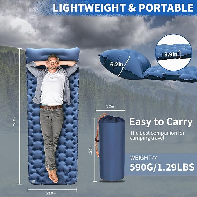DDD Ultra-Light Inflatable Camping Sleeping Pad with its Built-in Foot Pump and Pillow - The Ultimate Camping pad, Hiking pad, Backpacking Pad and Lightweight for a Outdoor Sleep——Dark Blue
