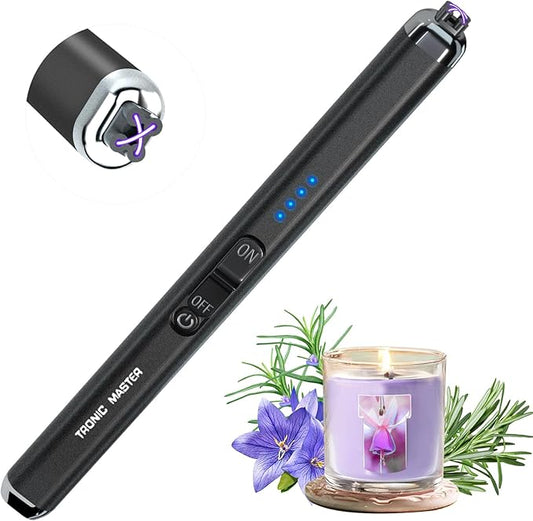 Electric Lighter Rechargeable Candle Lighter - Dual Arc Plasma Lighter Windproof & Flameless with LED Display USB-C for Candle Cooking Camping (Black)