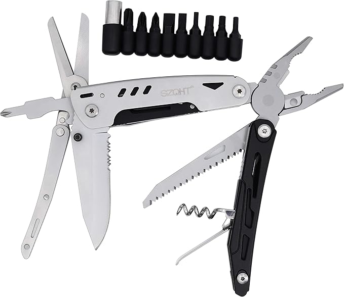 SZQHT Multitool Knife, Multipurpose Pocket Multi Tool Knives (22-in-1) with Detachable XL Spring-Action Scissors, Plier, Screwdrivers and Multi-tool Accessories for Men Survival,Camping, Fishing