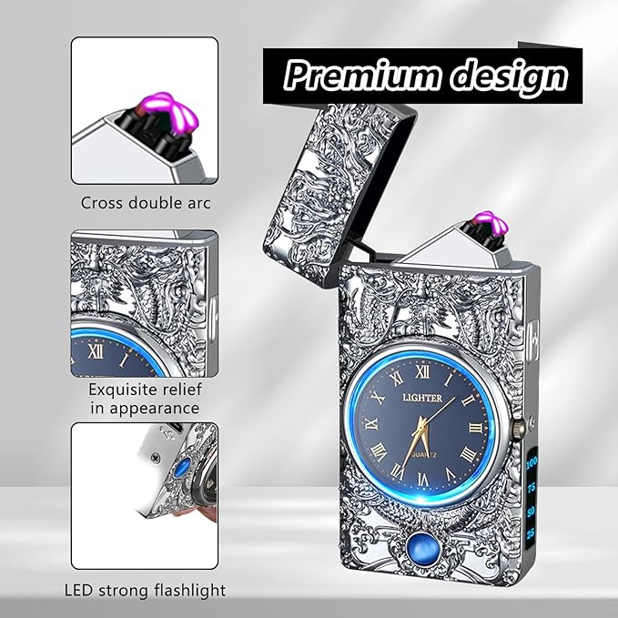 Gifts for Him Electric Lighters Rechargeable USB Lighter Windproof Flameless Plasma Lighters Unique Lighter with Battery Indicator Butane Free Electric Candle Lighter, Gifts for Men(Silver)
