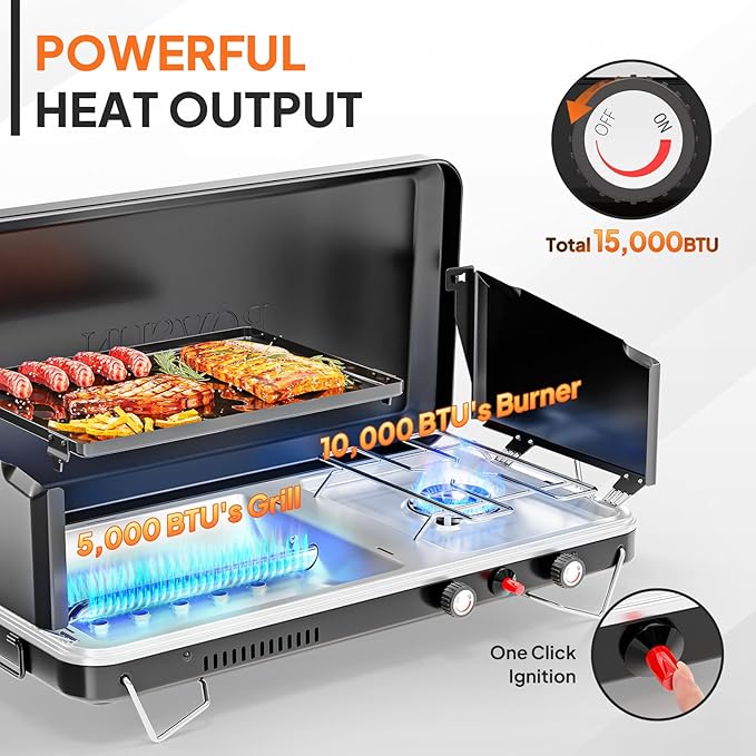 ROVSUN 2-in-1 Portable Camping Stove & Propane Grill with Enamel Griddle & Piezo Igniter, Tabletop Camp Stove with Built-in Handle, Wind Panel & Regulator for Camping, Tailgating, Grilling (Black)