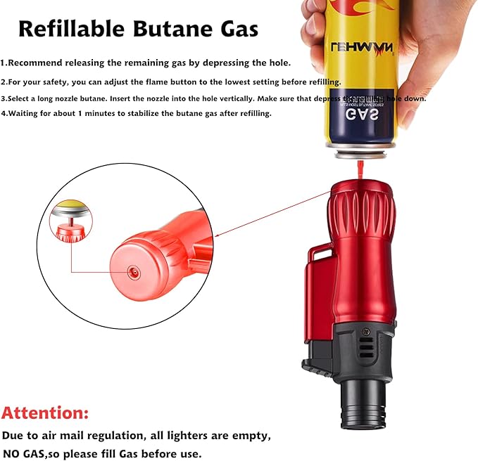 Torch Lighter, 2 Pack of Jet Flame Butane Lighter Refillable Gas Lighter Windproof Lighters Jet Torch Lighter for Candle, Campfire, Kitchen,Grill, Camping(without Butane)-Black+Red