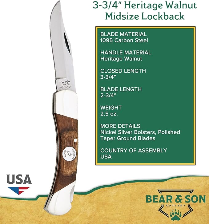 Bear & Son Cutlery C205 Heritage Walnut Midsize Lockback Knife, 3 3/4", Brown
