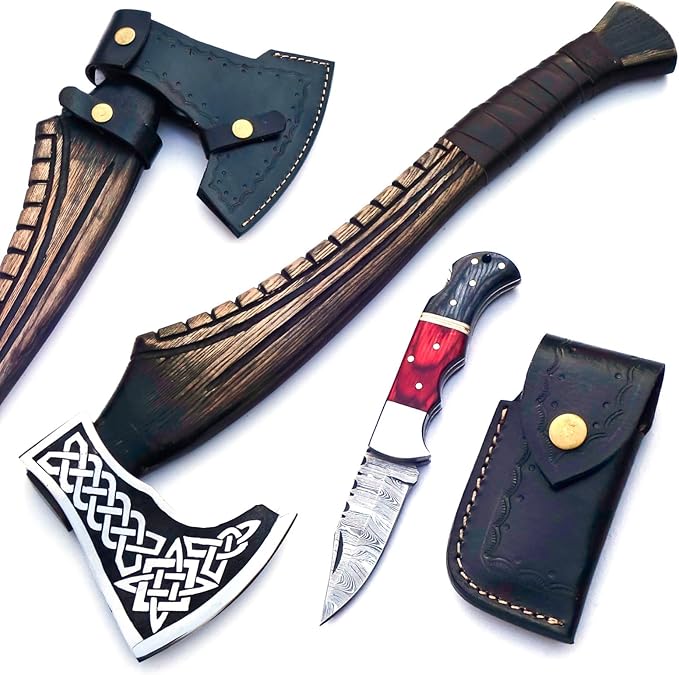 Hand Forged Vikings Axe & Damascus Steel Folding Knife Set- 21"" Carbon Steel Nordic Hatchet + EDC Knife with Sheath- Ideal for Camping, Gift for Men, Black