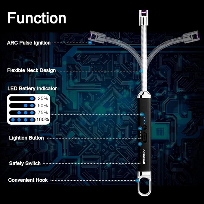 ARECTECH Lighter Electric Lighter Arc Candle Lighter Flameless Rechargeable Lighter USB Long Lighters for Candle Cooking BBQs Fireworks Black