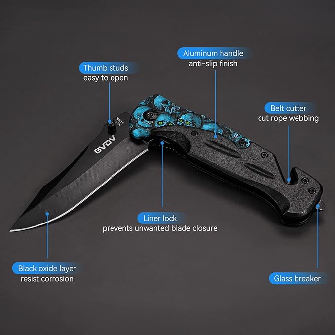 GVDV Utility Pocket Knife with 7Cr17 Stainless Steel - EDC Folding Knife for Outdoor Camping Hunting, Liner-Lock, Clip, Seatbelt Cutter, Glass Breaker for Emergencies, Father's Day Gifts, Blue Skull