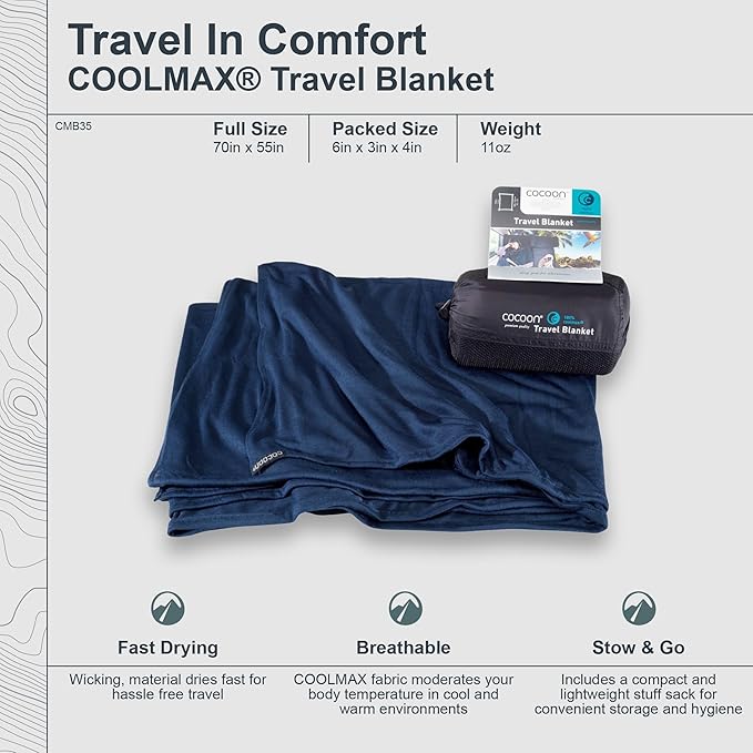 COCOON - Coolmax Travel Blanket | Compact Throw Blanket for Camping and Hiking | Fits in Backpack | Attaches to Luggage | Travel Essential | Fast Drying (Regular 70" x 55")