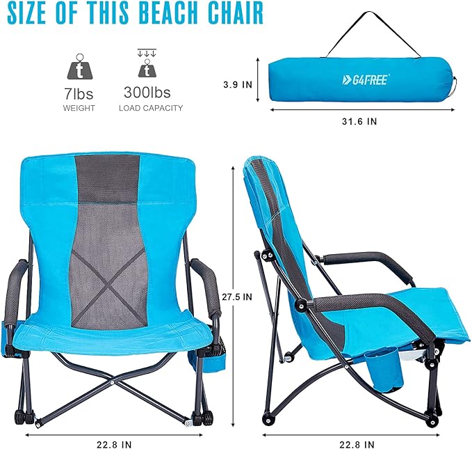 G4Free Low Sling Folding Beach Chair Camping Chairs Compact Concert Lumbar Back Support Festival Chair with Carry Bag