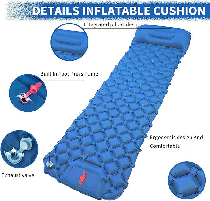 DDD Ultra-Light Inflatable Camping Sleeping Pad with its Built-in Foot Pump and Pillow - The Ultimate Camping pad, Hiking pad, Backpacking Pad and Lightweight for a Outdoor Sleep——Royal Blue
