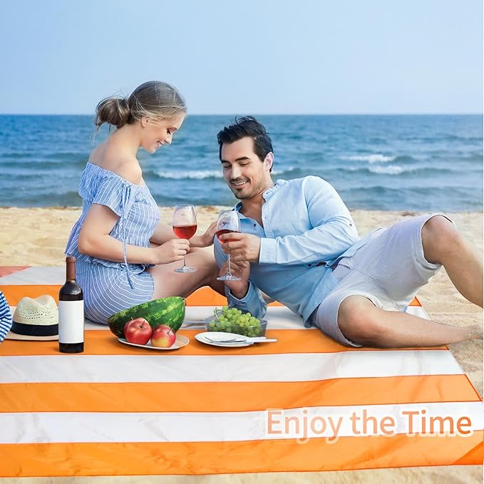 Beach Blanket Sandproof Waterproof, Large Beach Mat Lightweight Portable Quick Drying for Picnic Camping Hiking Travel Beach Accessories (1, Orangewhite, 83x79 Inches)