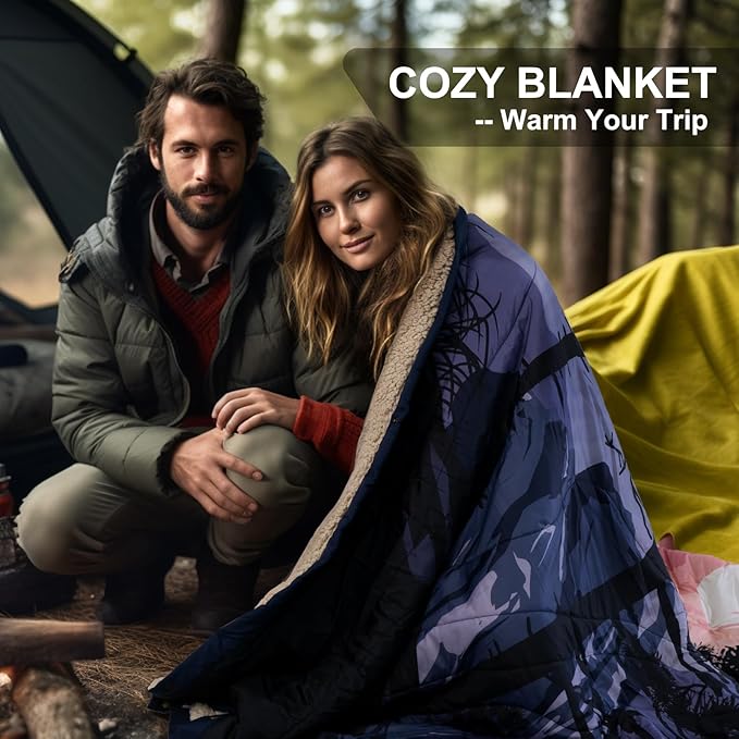 Outdoor Camping Blanket with Sherpa Lining, Extra Warm Thick Camp Blankets & Puffy Ultralight Soft Poncho DWR Camping Quilt for Cold Weather, Adventure,Sleeping,Backpacking 78"x 56"