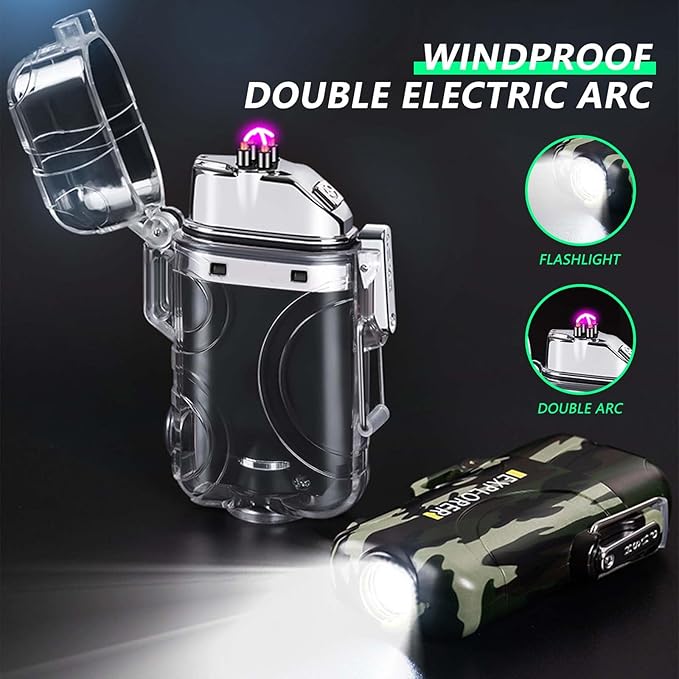 BABOBIU Electric Lighter Arc Lighter USB Rechargeable Lighter Windproof Waterproof Flameless Plasma Lighter with Portable Flashlight for Hiking, Camping, Adventure (Transparent Black)